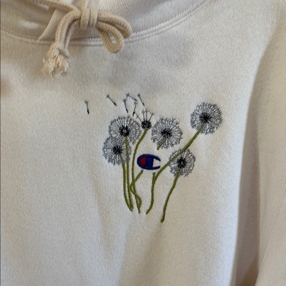 Champion Cream reverse weave Hoodie with custom embroidered Floral Design